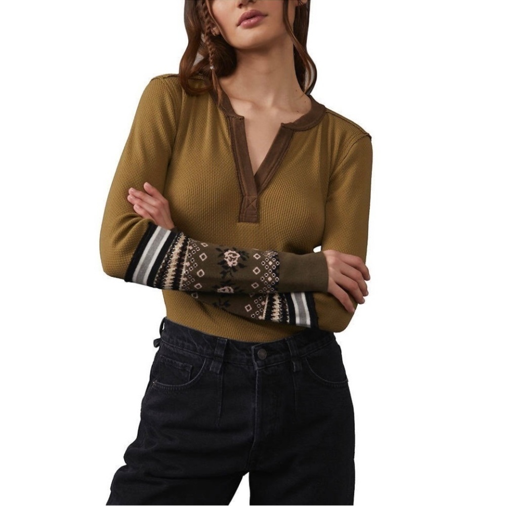 NWT Free People Mikah Layering Cuff Thermal Top Army Combo